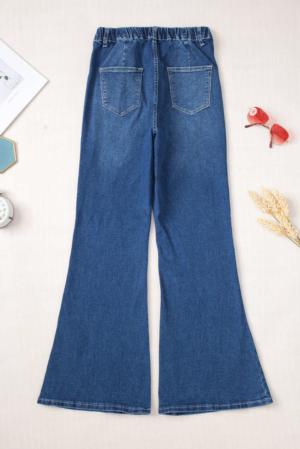 Low-rise Elastic Waist Flared Denim Blue Jeans