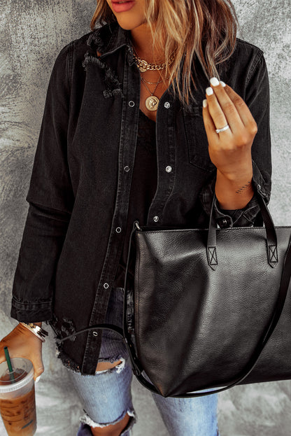 Long Sleeve Button-Down Black Ripped Denim Jean Jacket