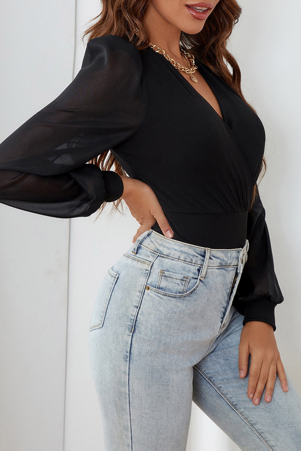 Black V Neck Faux Wrap Sheer Sleeves Bodysuit