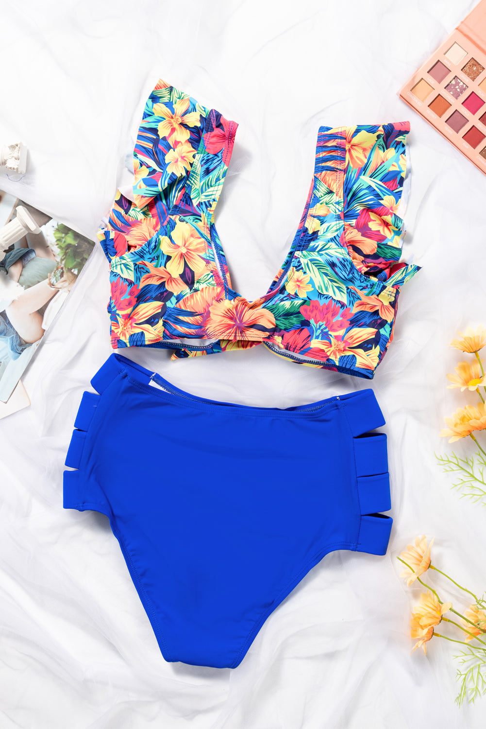 Two-piece Solid Bottom Floral Print Top Swimsuit