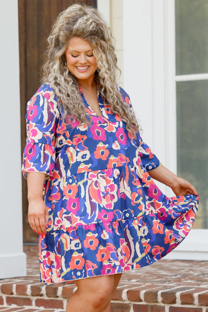 3/4 Sleeve Plus Size Floral Print Ruffled Mini Dress