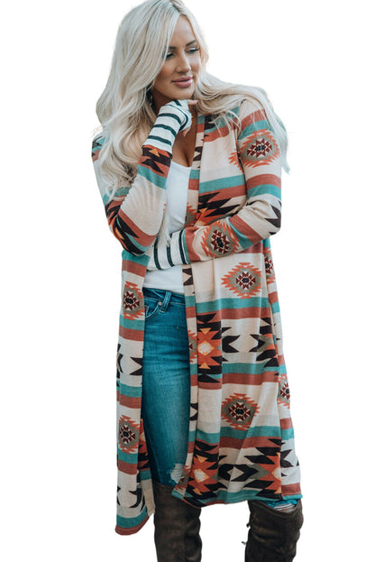 Long Sleeve Open Front Aztec Print Duster/Cardigan