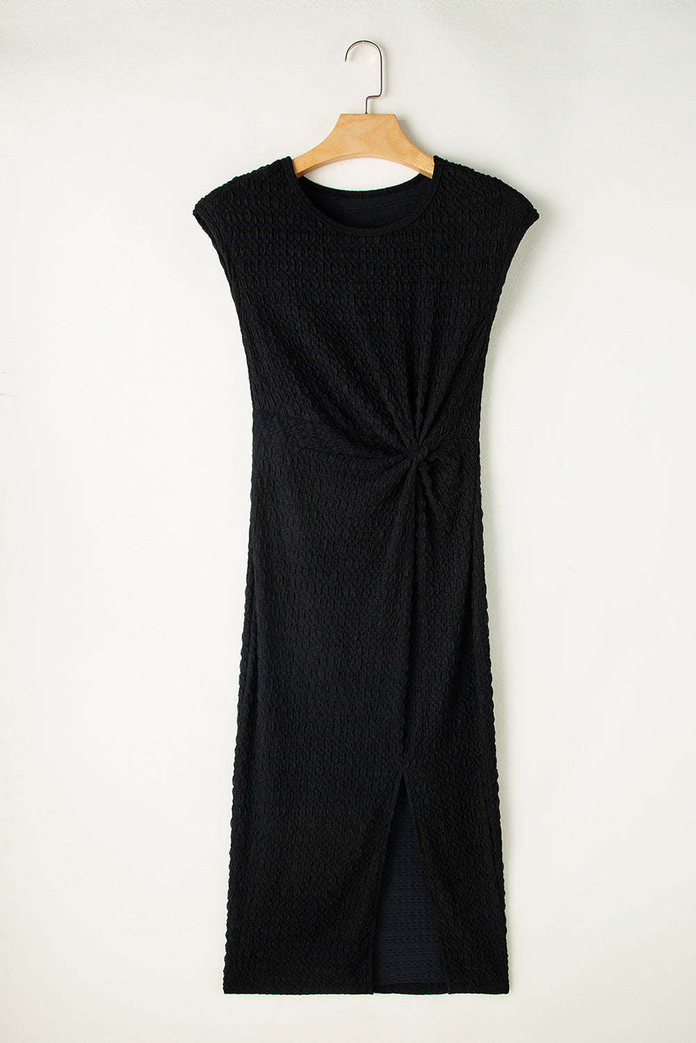 Short Sleeve Black Ribbed Draped Midi Dress