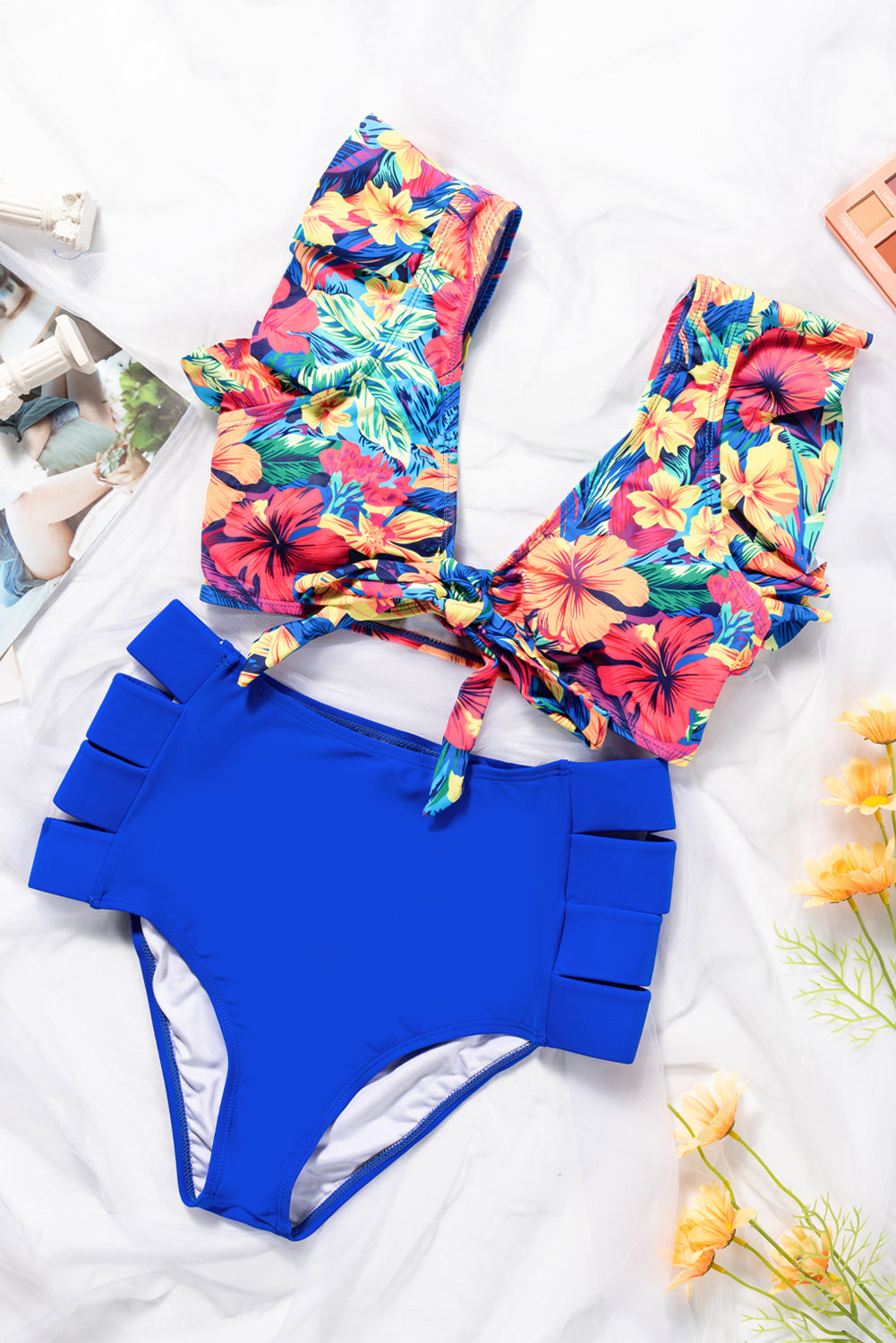 Two-piece Solid Bottom Floral Print Top Swimsuit