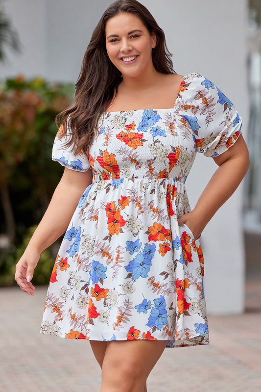 Short Sleeve Floral Print Plus Size Mini Dress