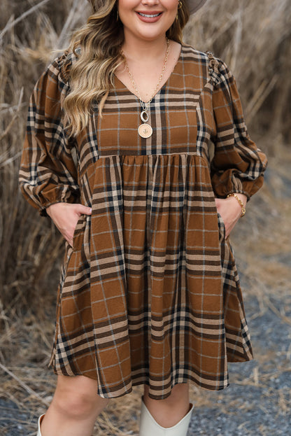 Short Sleeve V-neck Plaid Plus Size Mini Dress