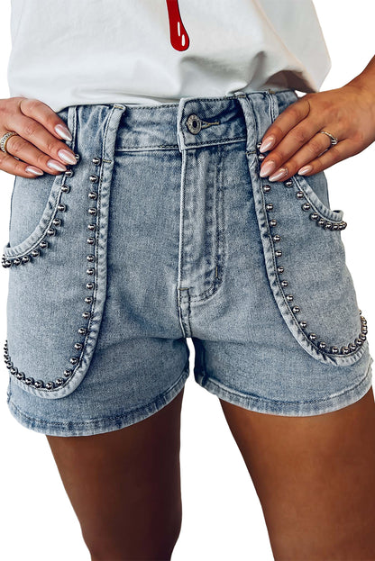 High Rise Studded Acid Wash Denim Blue Jean Shorts