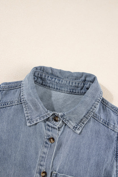 Flutter Sleeve Button-down Denim Jean Shirt