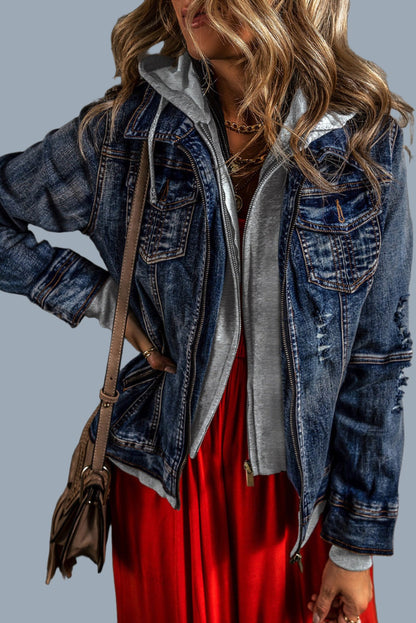 Long Sleeve Zip Front Hooded Denim Jean Jacket