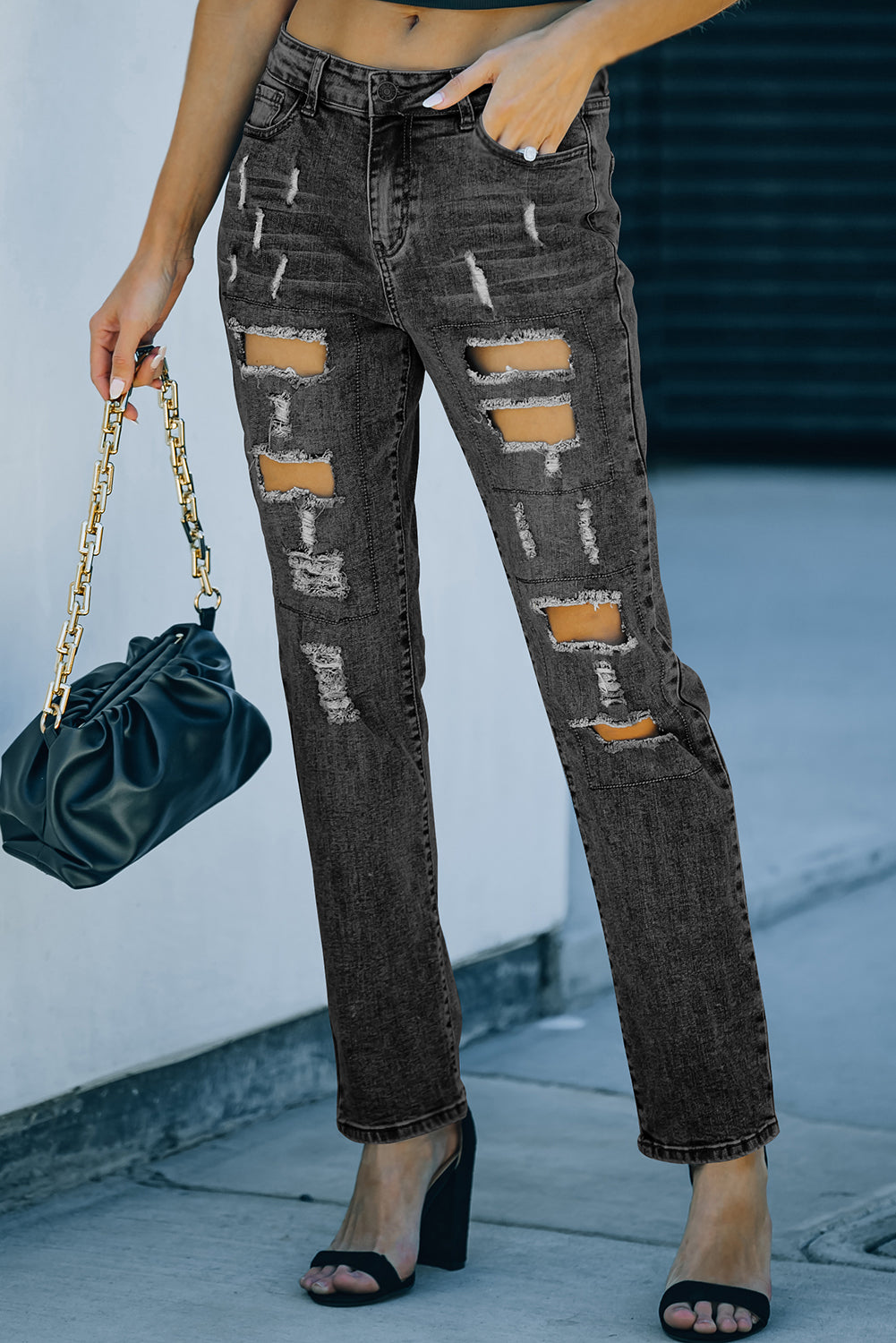 Mid-Rise Distressed Black Denim Jeans