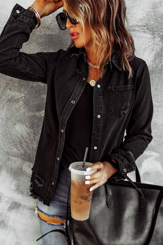 Long Sleeve Button-Down Black Ripped Denim Jean Jacket