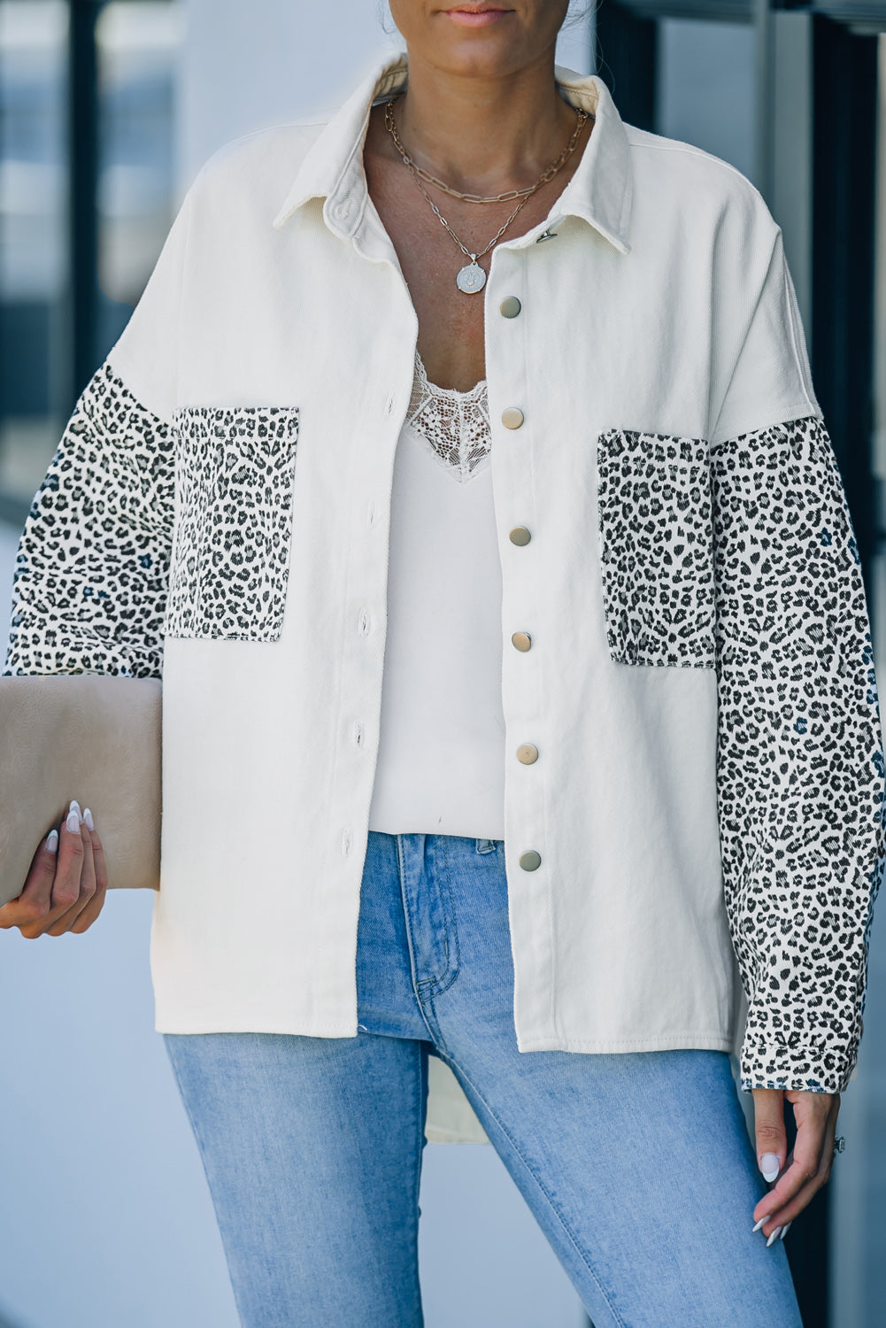 Long Sleeve Button-down Leopard Print White Denim Jean Jacket