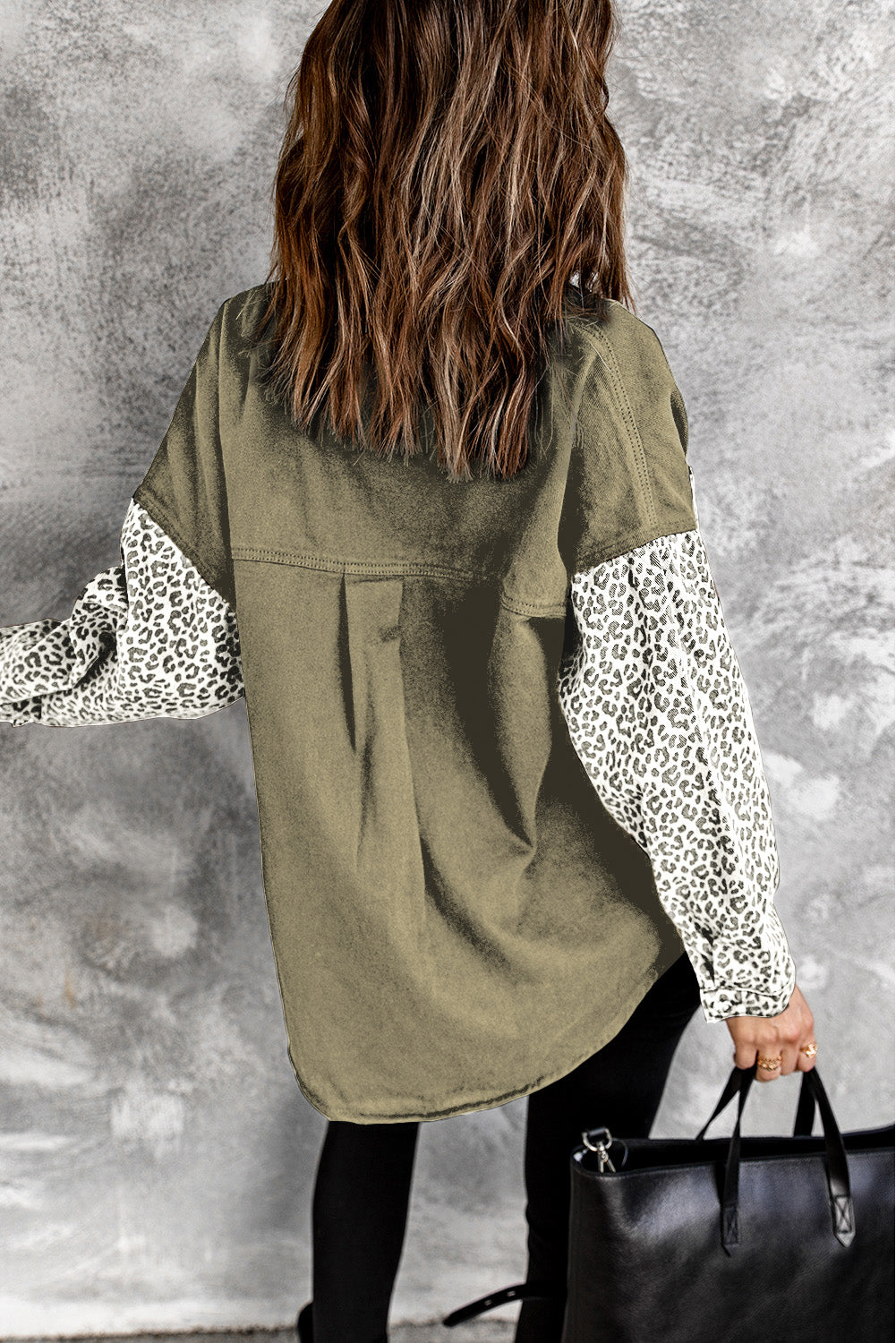 Long Sleeve Button-down Leopard Print Green Denim Jean Jacket