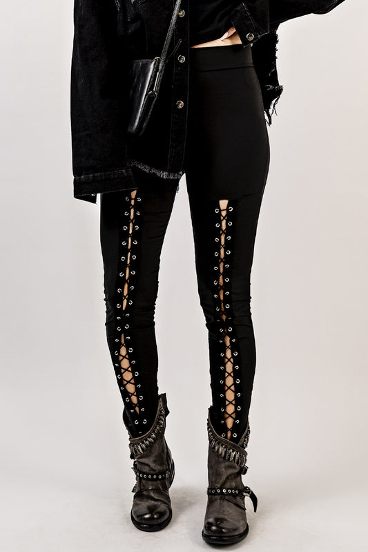 High Waisted Lace-up Front Black Leggings