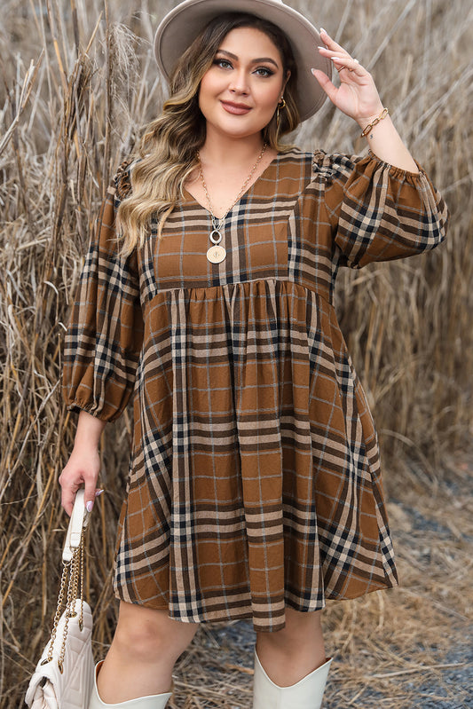 Short Sleeve V-neck Plaid Plus Size Mini Dress