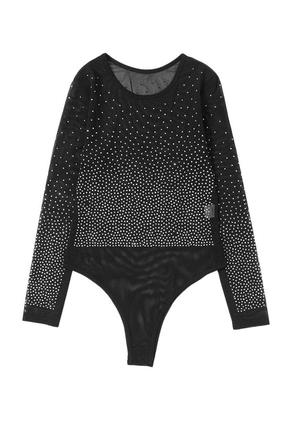 Long Sleeve Black Studded Embellished Sheer Bodysuit