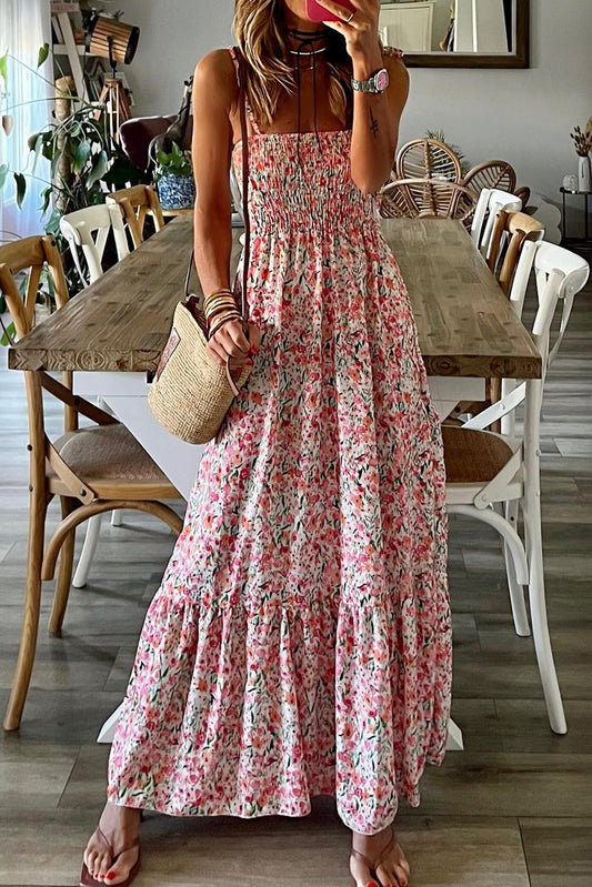 Sleeveless Smocked Floral Print Maxi Dress