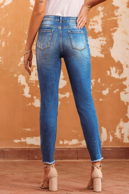 Mid-Rise Distressed Denim Blue Jeans