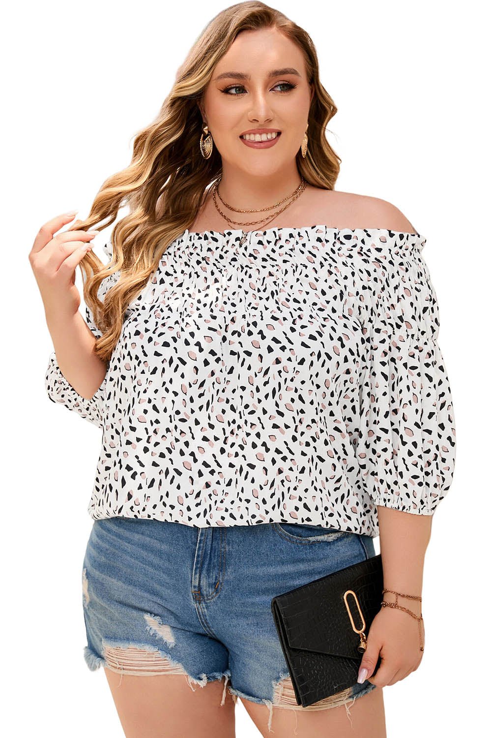 3/4 Sleeve Off the Shoulder Leopard Print Plus Size Top