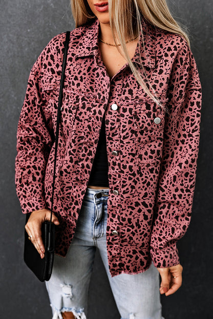 Long Sleeve Button-down Pink Leopard Print Denim Jean Jacket