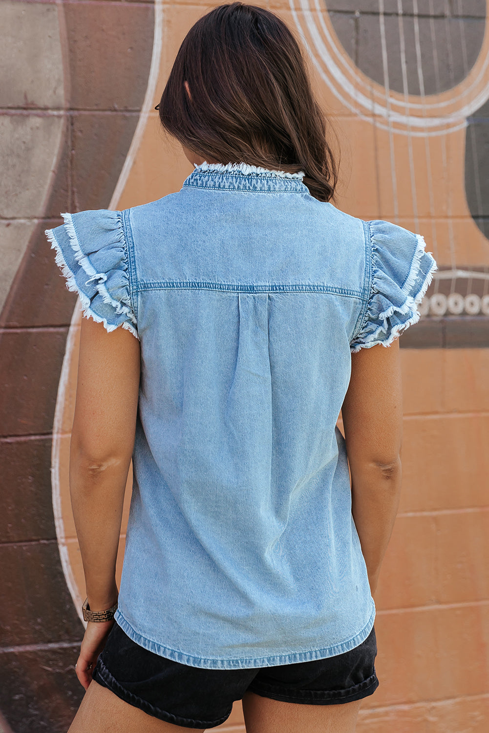 Flutter Sleeve Button-down Denim Shirt/Top