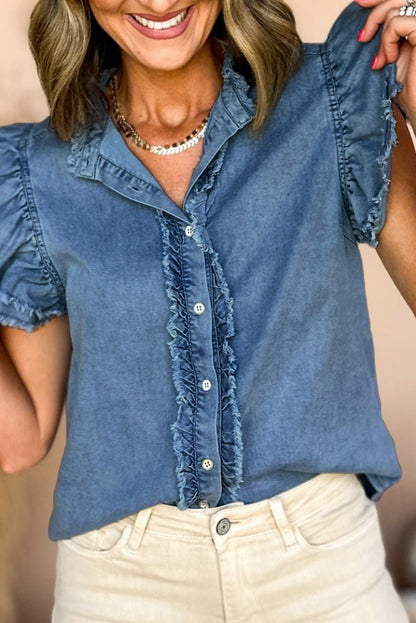 Flutter Sleeve Button-down Denim Jean Shirt