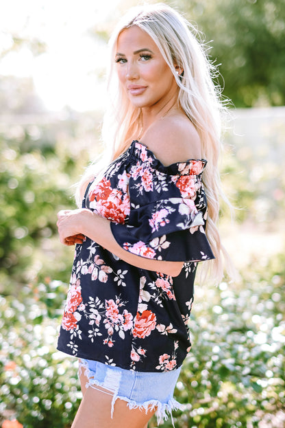 Short Sleeve Off Shoulder Floral Print Blouse