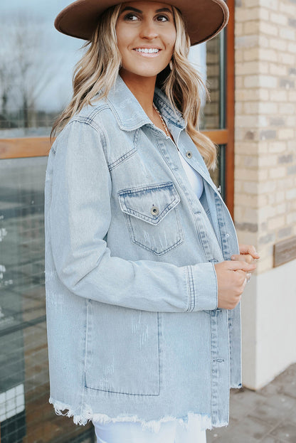 Long Sleeve Button-down Distressed Denim Blue Jean Shirt