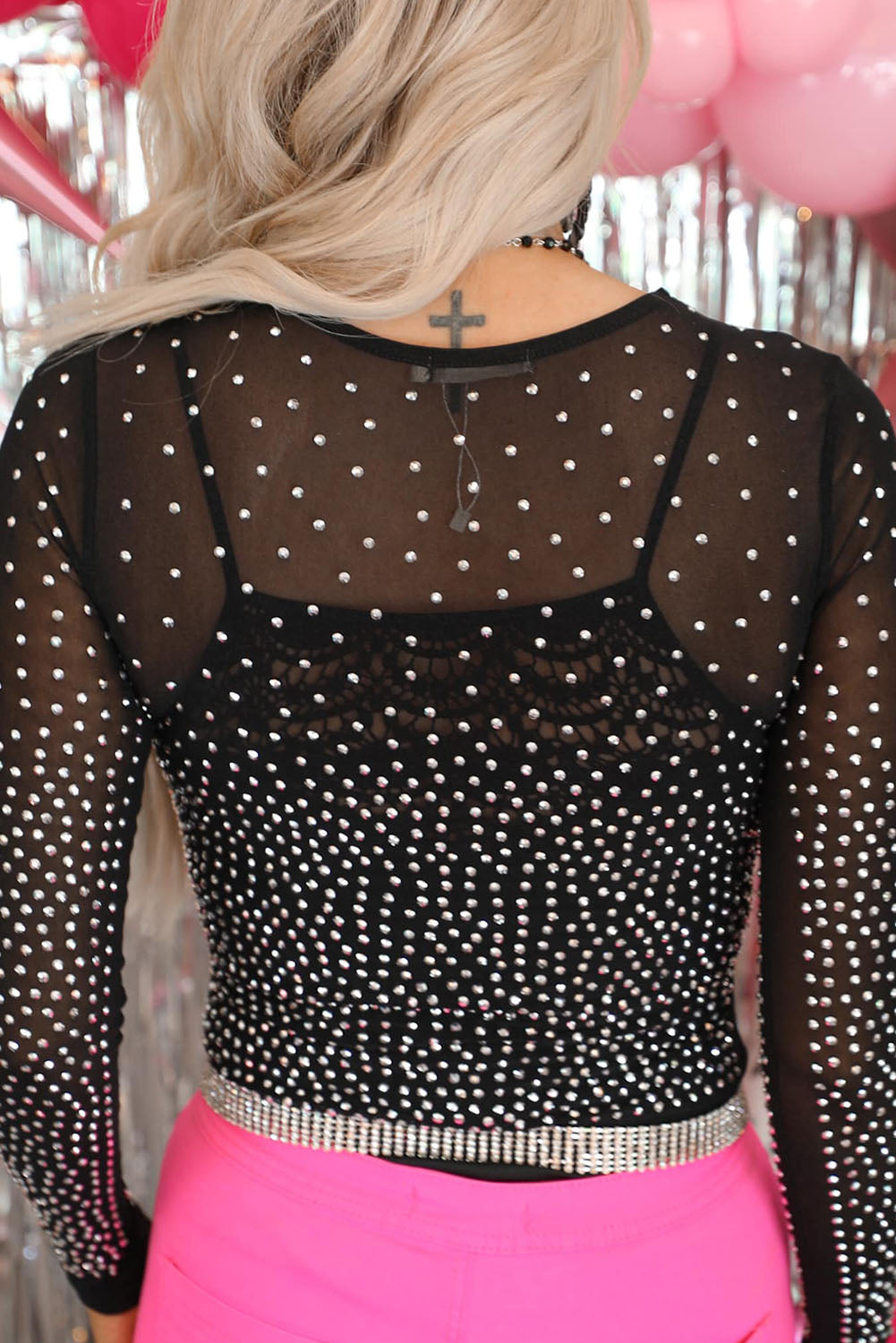 Long Sleeve Black Studded Embellished Sheer Bodysuit