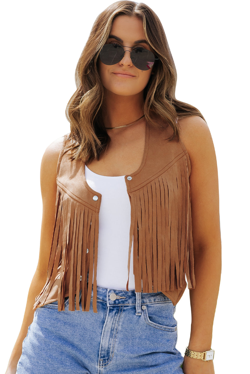 Sleeveless Snap Front Fringe Brown Cropped Western  Jacket