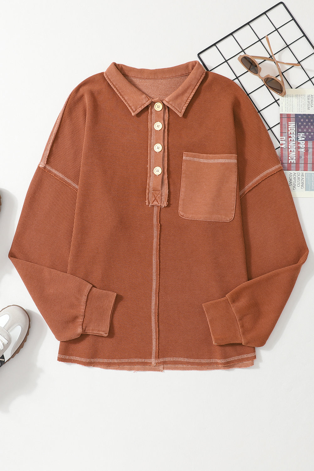 Chestnut Waffle Knit Exposed Seam Pocket Henley Sweatshirt