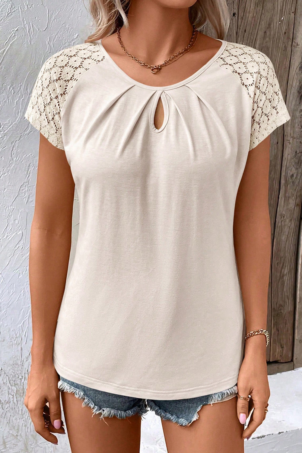 Short Sleeve Pleated Lace Top