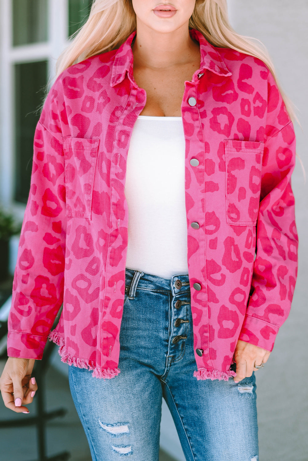 Long Sleeve Button-down Pink Denim Jean Jacket