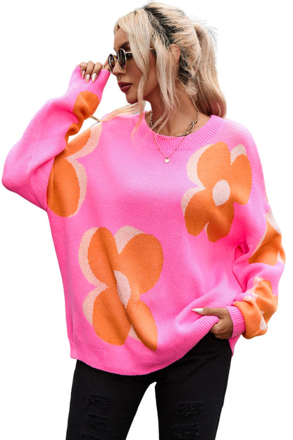 Long Sleeve Crew Neck Floral Print Oversized Sweater