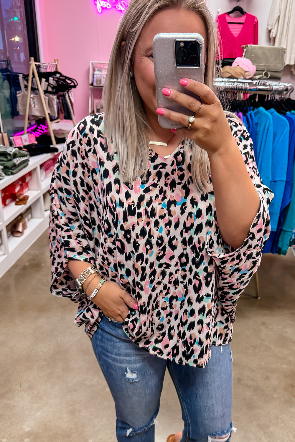 Half Batwing Sleeves Leopard Print Oversized Blouse/Top