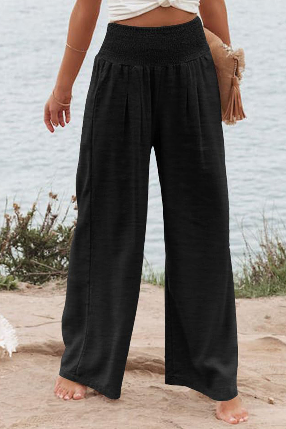 High Rise Wide Leg Black Casual Pants