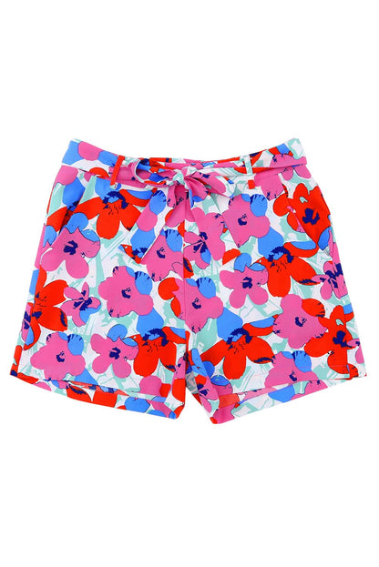 High Rise Elastic Drawstring Waist Floral Print Shorts