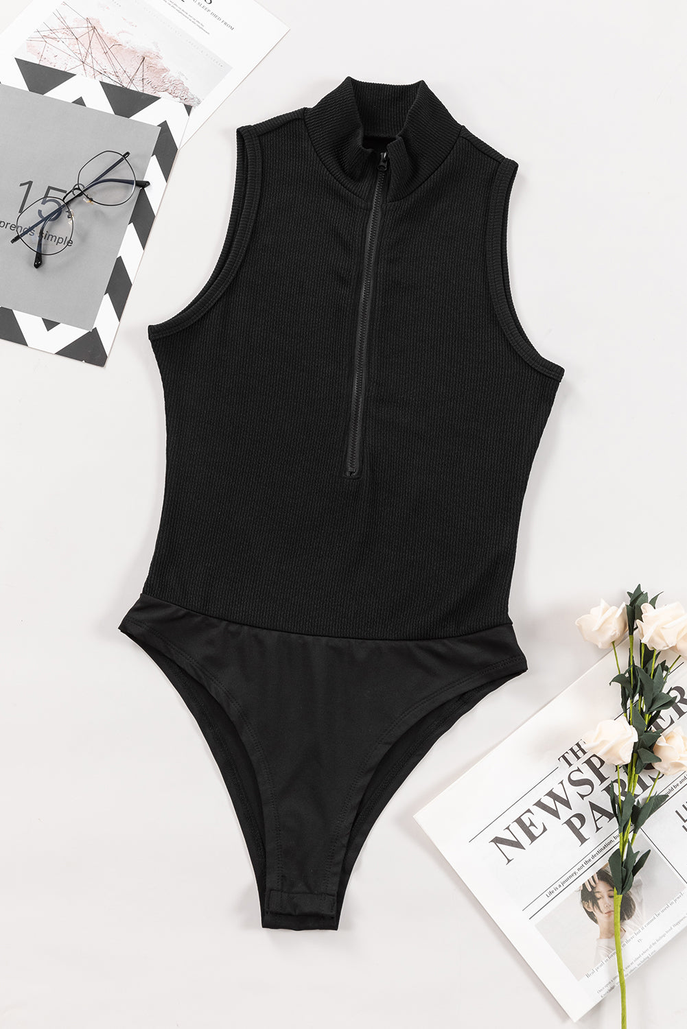 Sleeveless Quarter Zip Black Bodysuit