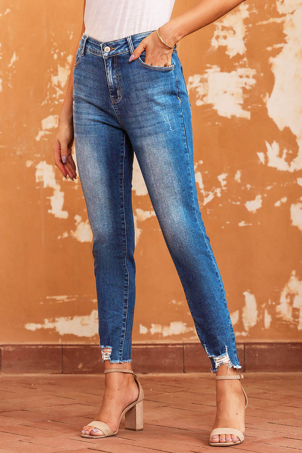 Mid-Rise Distressed Denim Blue Jeans