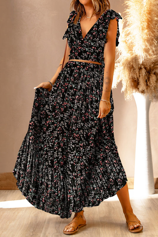 Flutter Sleeve Floral Print Maxi Skirt Set