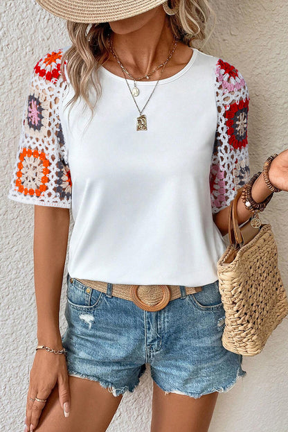 1/2 Sleeve White Top with Crochet Sleeves