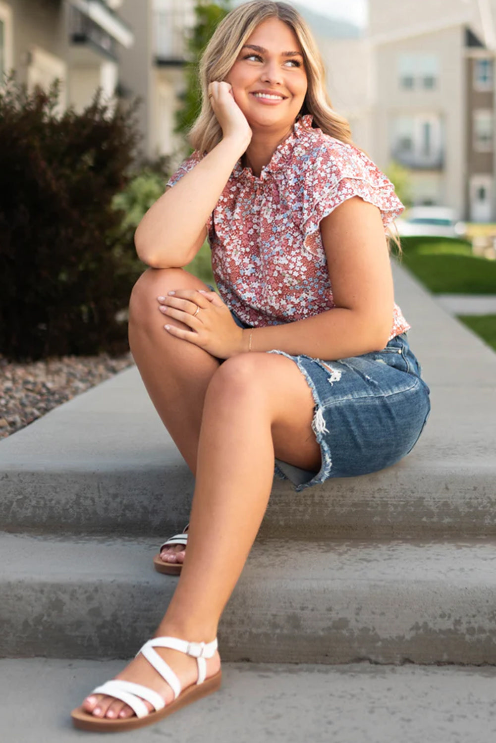 Flutter Sleeve Floral Print Plus Size Top