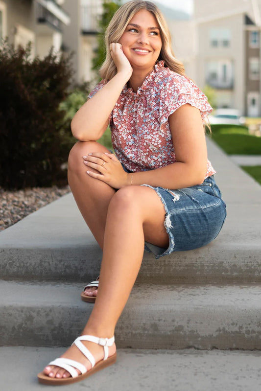 Flutter Sleeve Floral Print Plus Size Top