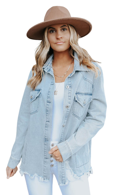 Long Sleeve Button-down Distressed Denim Blue Jean Shirt