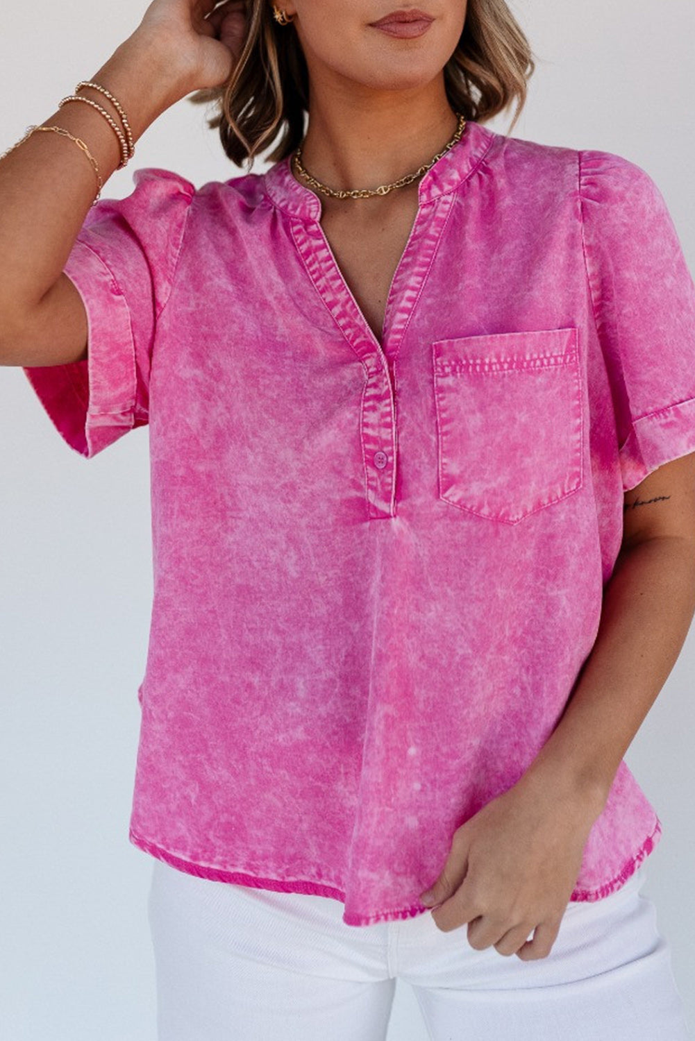 Short Sleeve Split V-neck Pink Denim Chambray Top