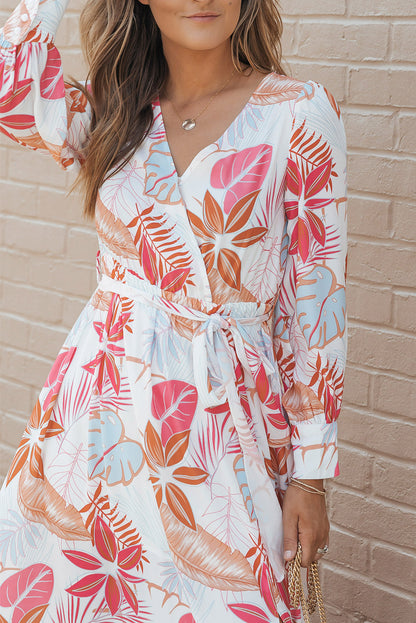 Long Sleeve Tropical Print Wrap V-Neck Maxi Dress