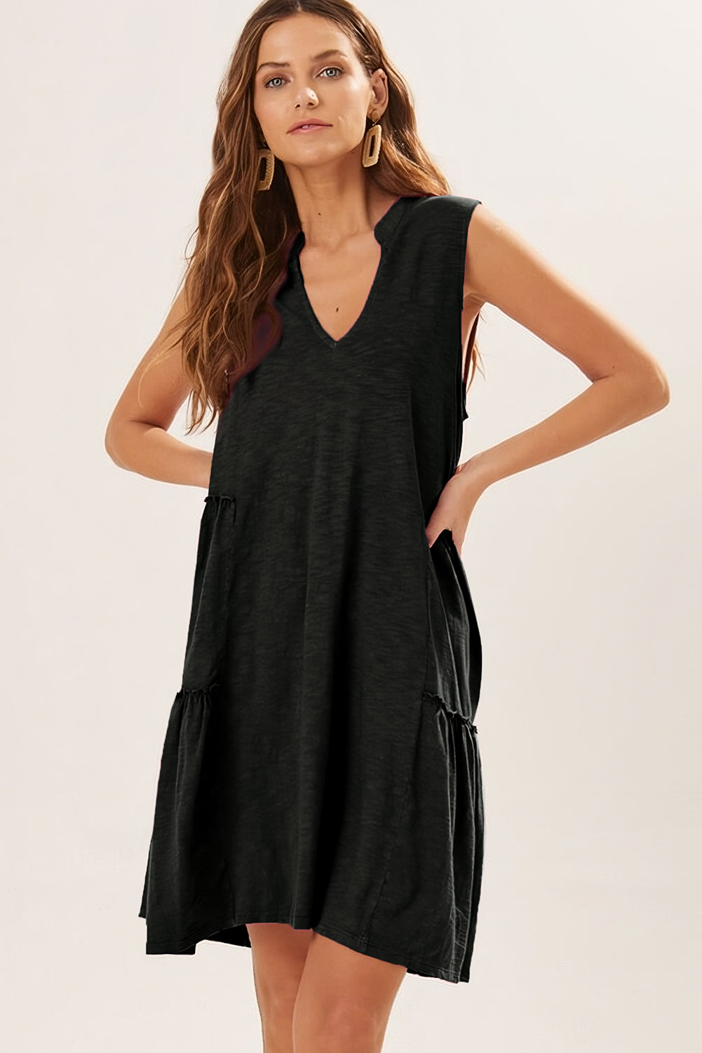 Sleeveless Split V-Neck Tiered Mini Dress