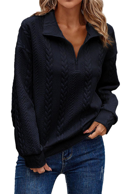 Navy Blue Zip up Cable Textured Sweatshirt