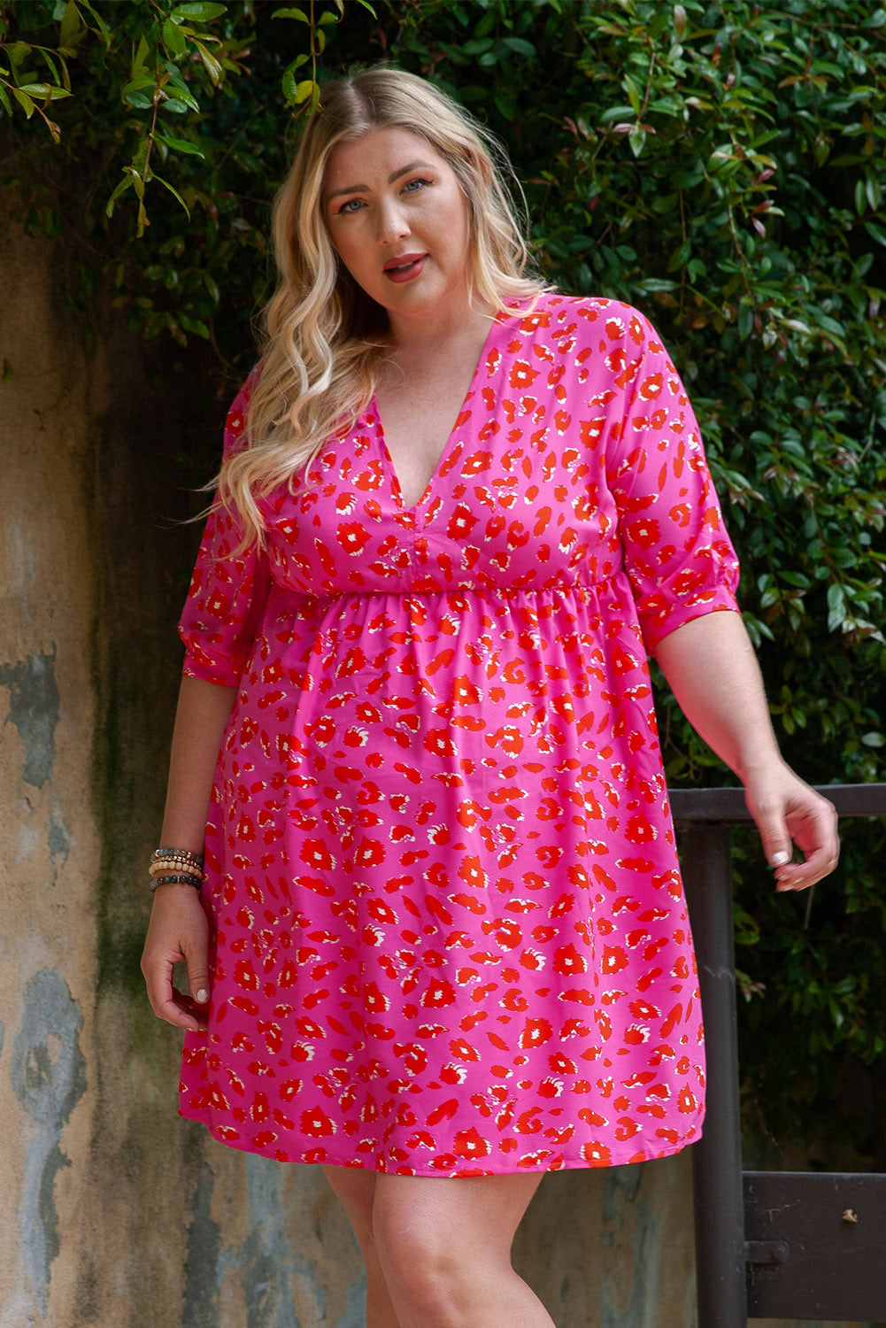 Plus Size Short Sleeve Floral Print Mini Dress