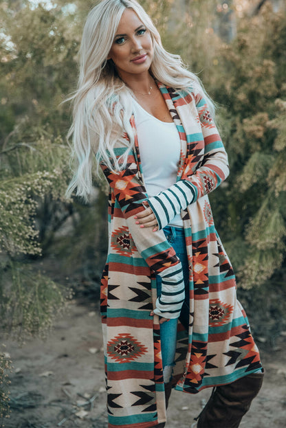 Long Sleeve Open Front Aztec Print Duster/Cardigan